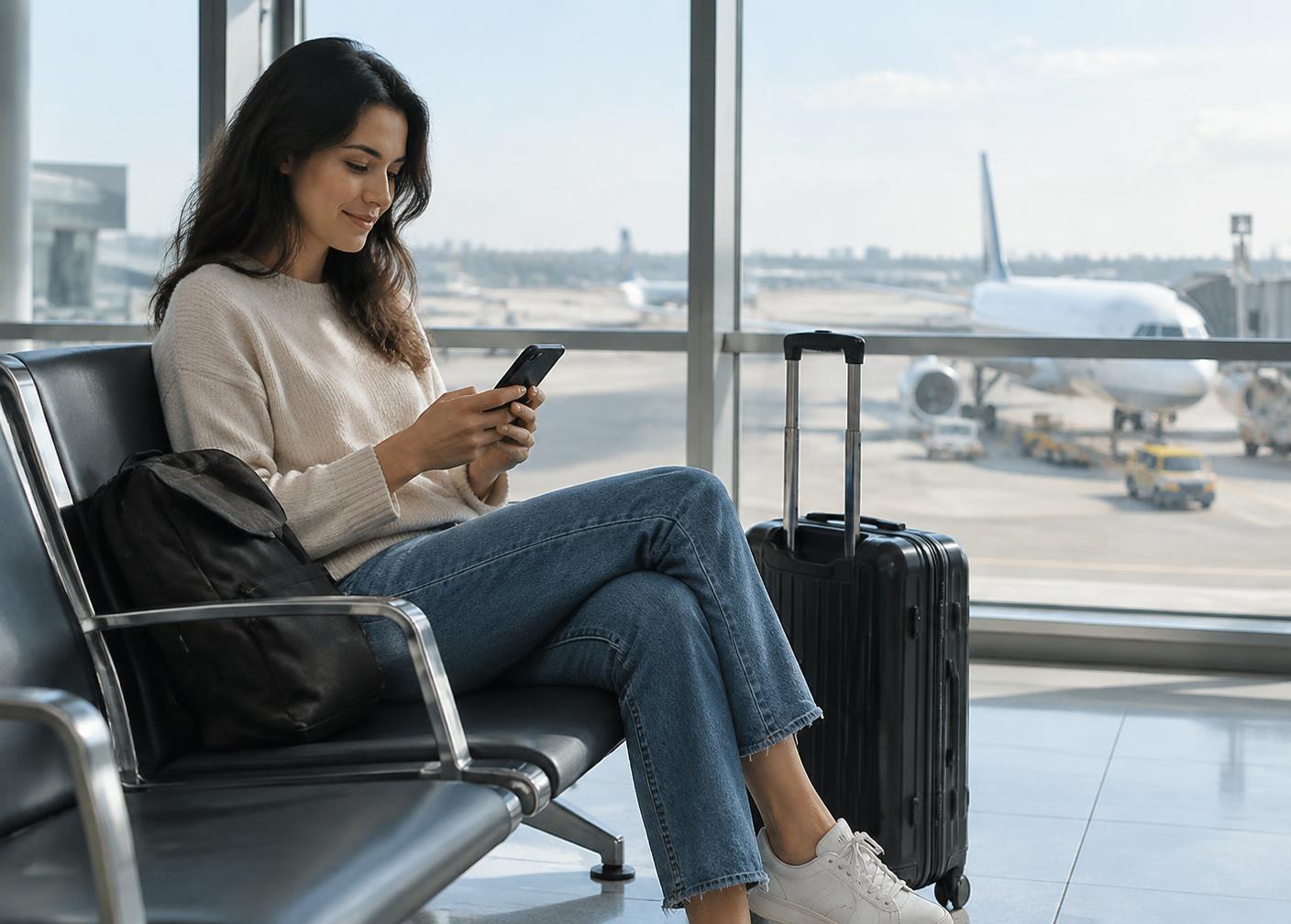 Viajante tranquila usando o celular em um aeroporto internacional enquanto aguarda o voo