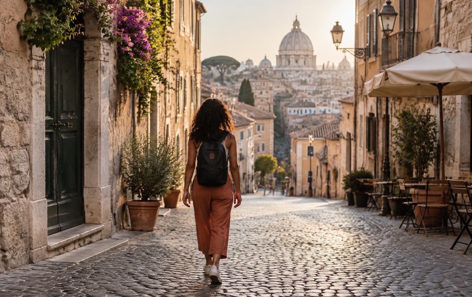 Viajante caminhando por uma rua histórica na Europa em uma viagem organizada pela Let's Travel