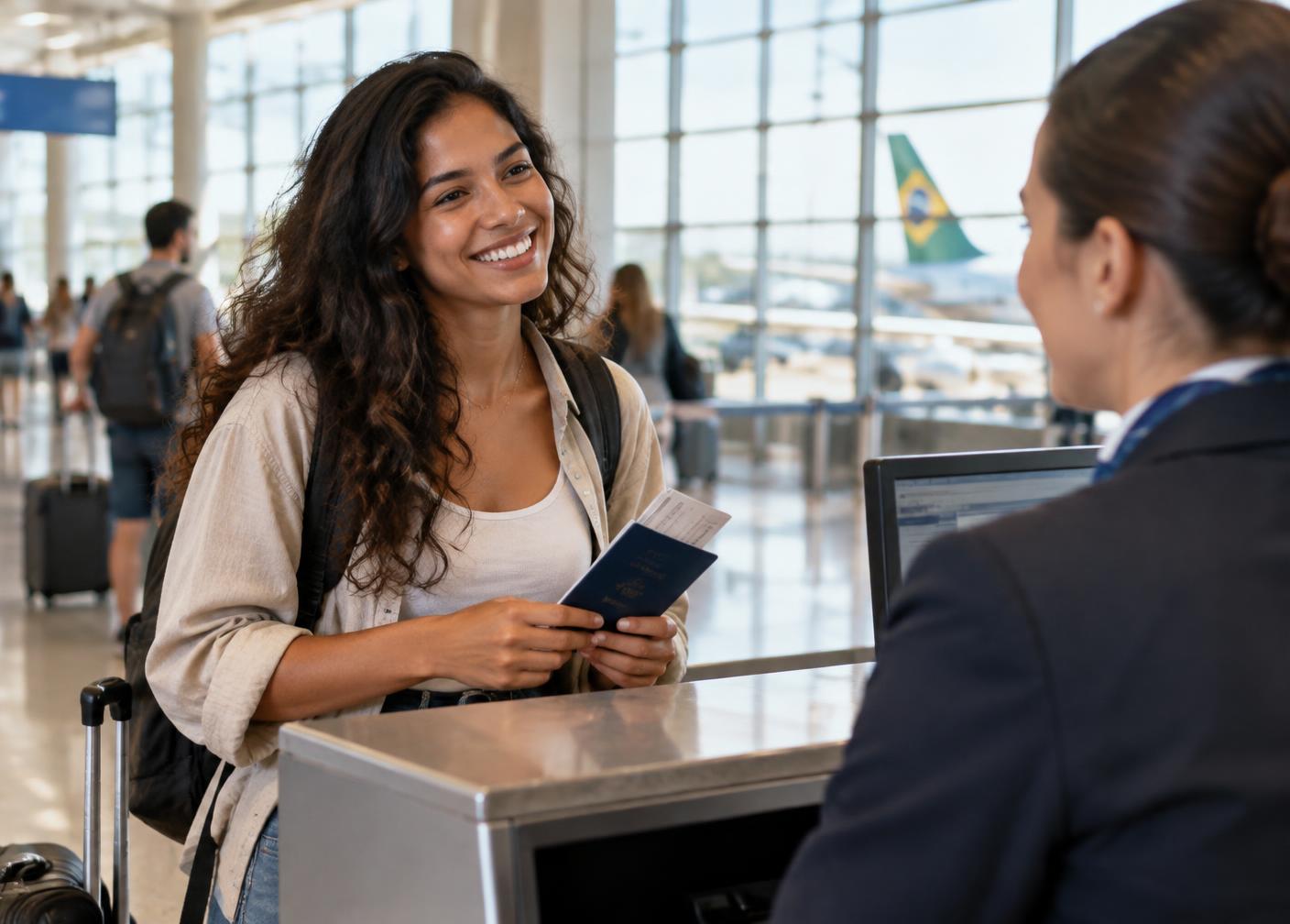 Viajante brasileira conversando em inglês no check-in do aeroporto antes da primeira viagem internacional